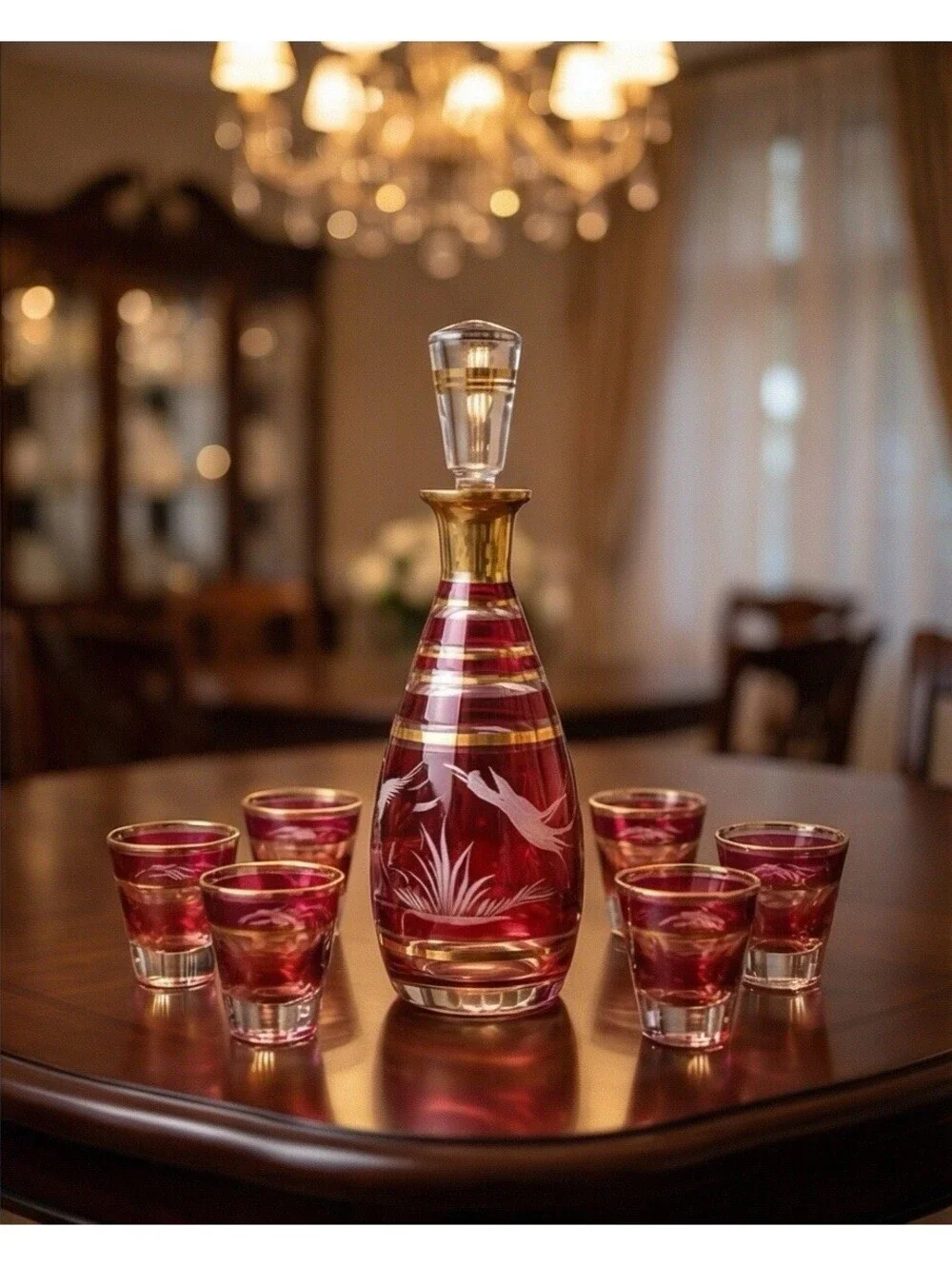 Vintage Ruby Red Glass Decanter Set 7pc Gold Trim Etched Bird Barware Set
